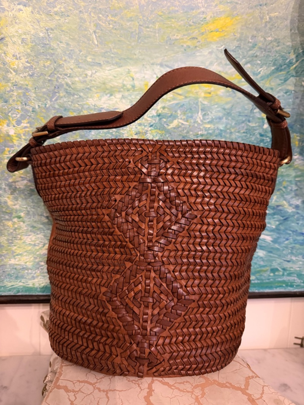Anthropologie Woven Leather Shoulder Bucket Bag - Brown